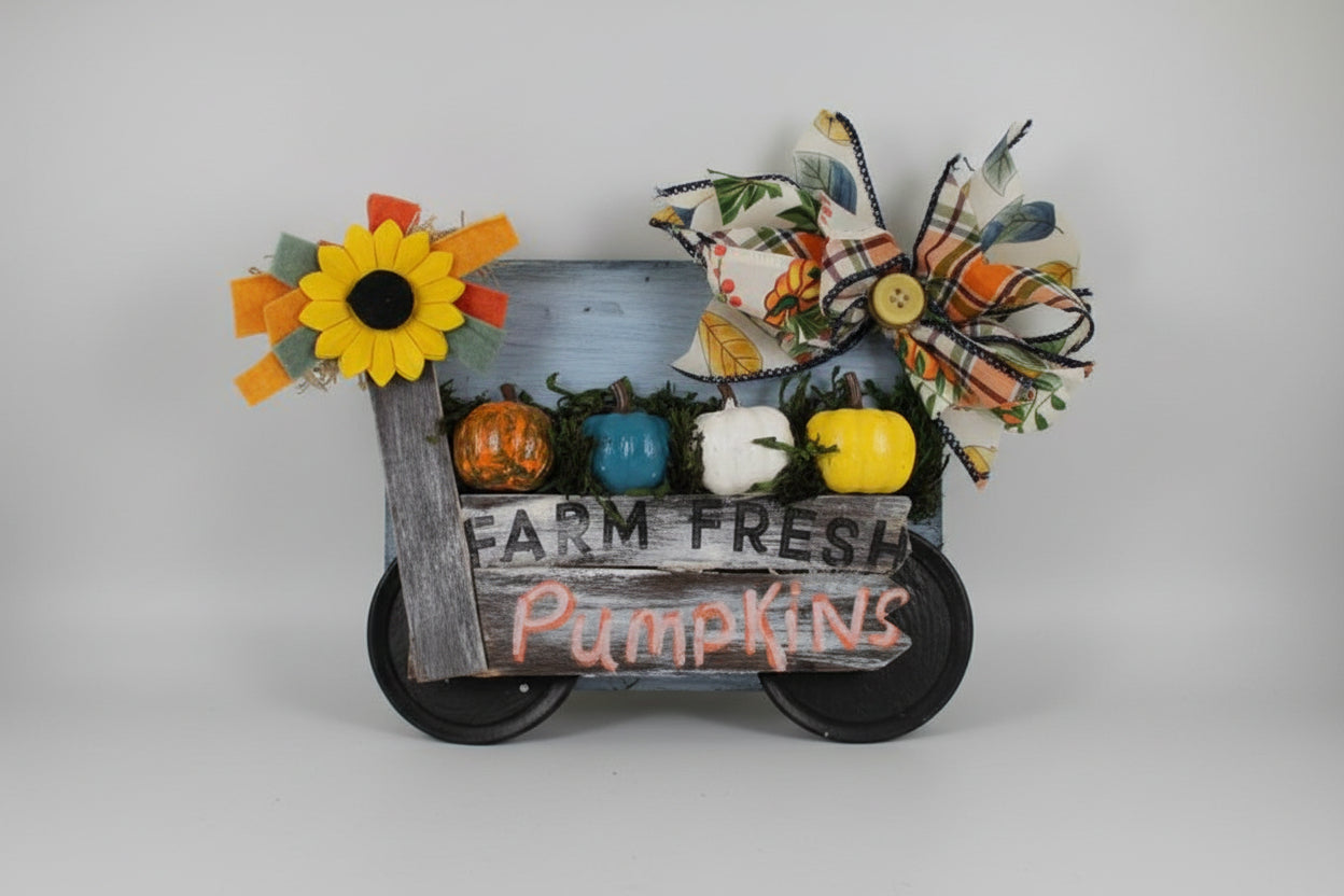 Farm Fresh Pumpkins and sunflowers wagon  shelve leaner or rusty wire hanger